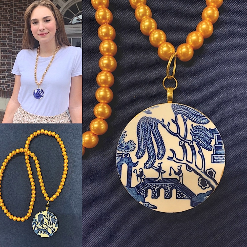 Gold beaded necklace with medallion cut from Blue Willow China.